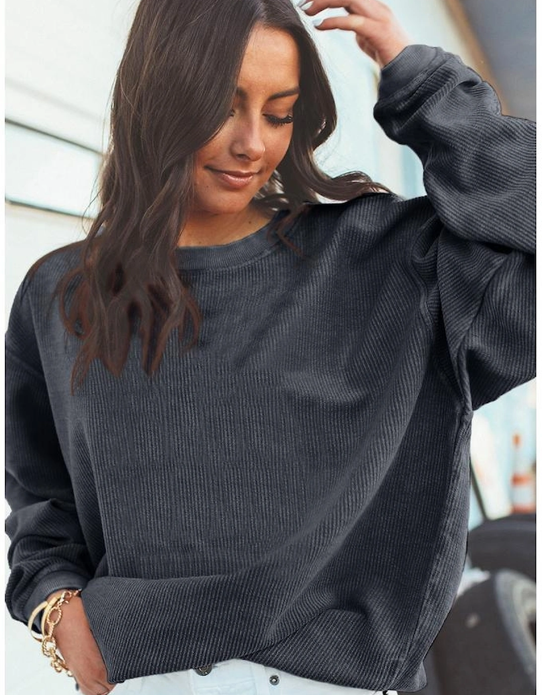 Dark Grey Ribbed Corded Oversized Sweatshirt