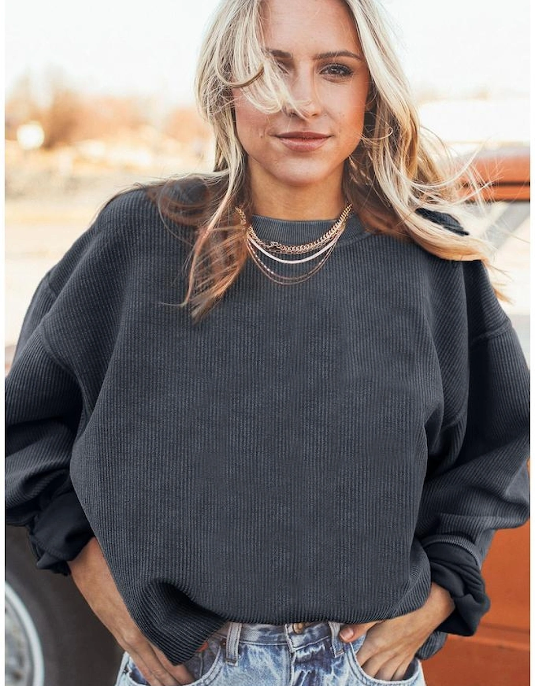 Dark Grey Ribbed Corded Oversized Sweatshirt