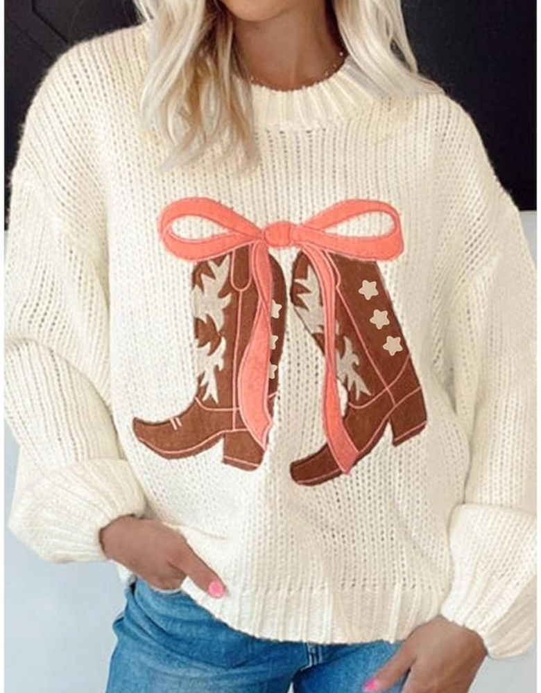 White Embroidered Bow Boots Graphic Drop Shoulder Sweater