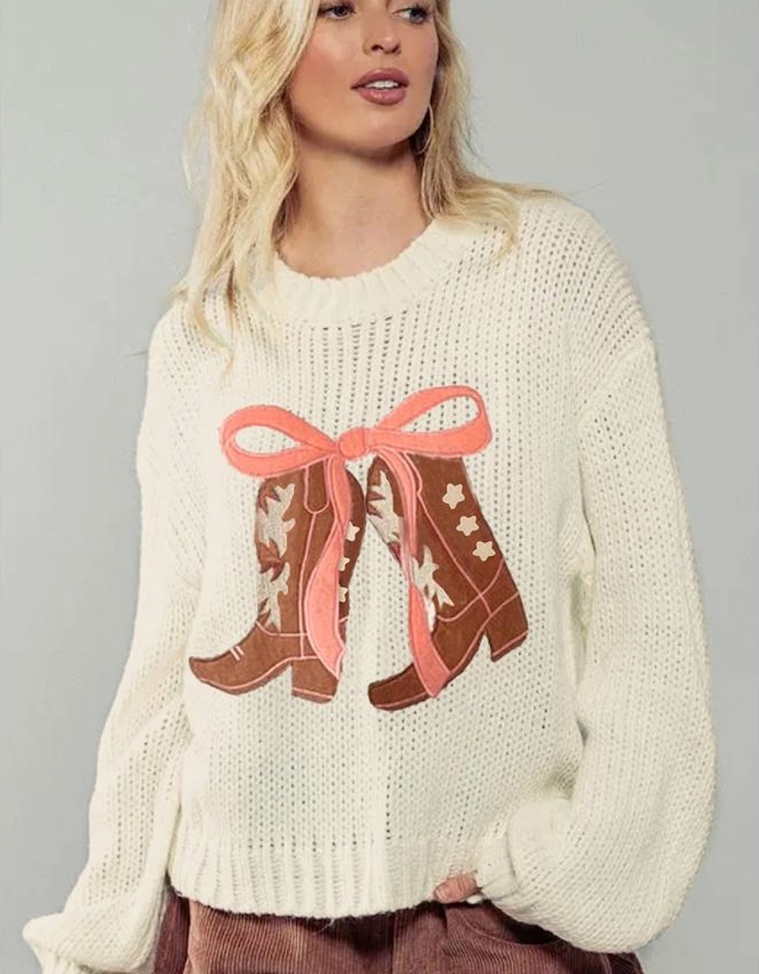 White Embroidered Bow Boots Graphic Drop Shoulder Sweater, 4 of 3