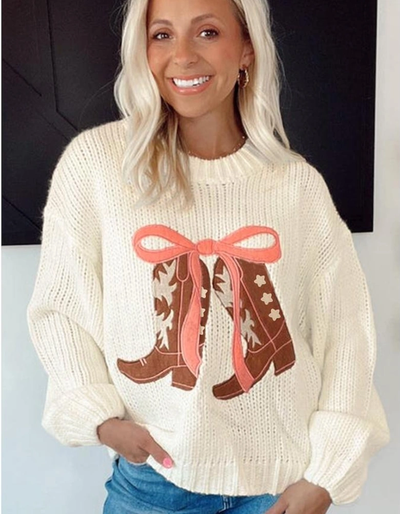 White Embroidered Bow Boots Graphic Drop Shoulder Sweater