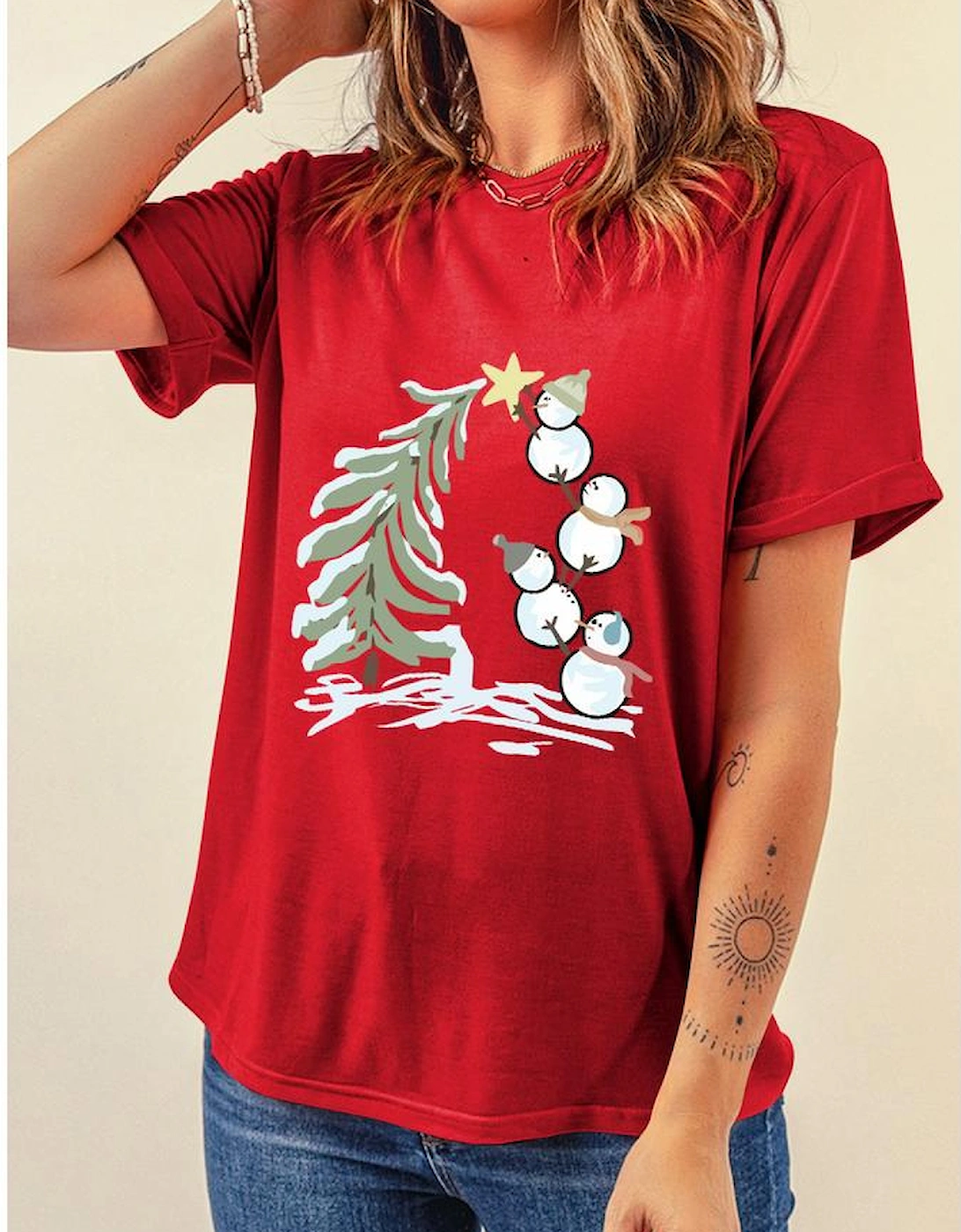 Red Christmas Tree Snowman Printed Crewneck T Shirt, 15 of 14