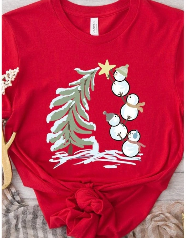 Red Christmas Tree Snowman Printed Crewneck T Shirt