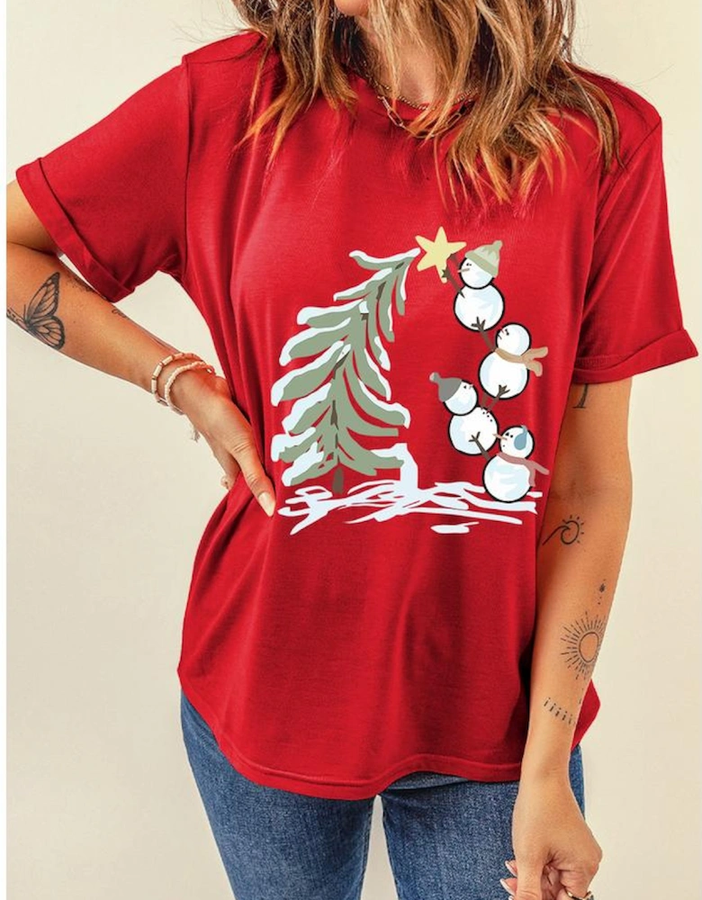 Red Christmas Tree Snowman Printed Crewneck T Shirt