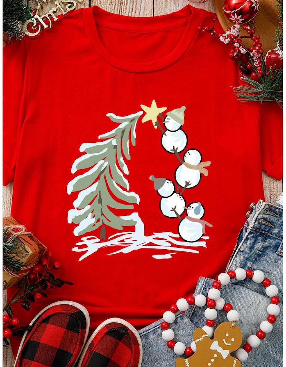 Red Christmas Tree Snowman Printed Crewneck T Shirt
