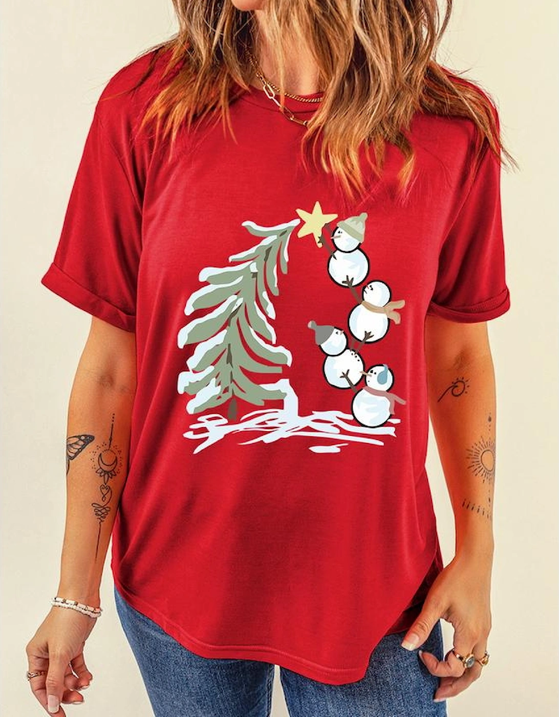 Red Christmas Tree Snowman Printed Crewneck T Shirt