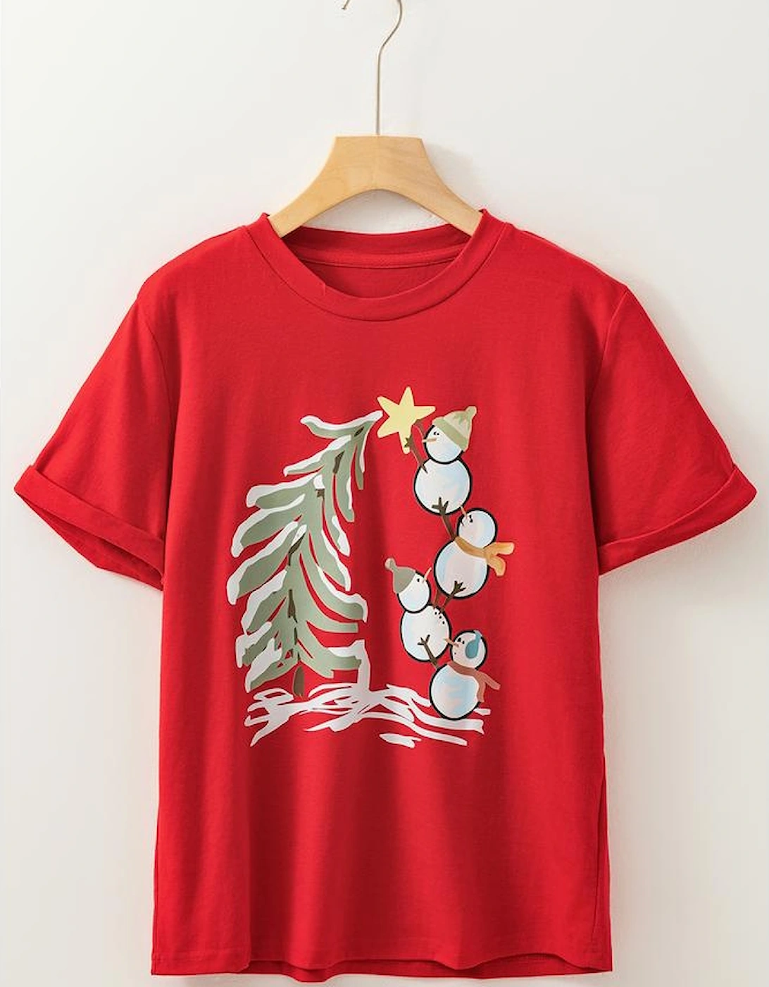 Red Christmas Tree Snowman Printed Crewneck T Shirt