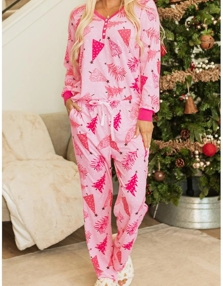 Pink Christmas Tree Print V Neck Buttoned Pullover and Drawstring Pants Lounge Set