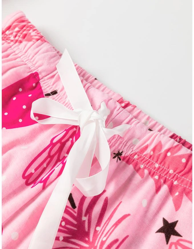 Pink Christmas Tree Print V Neck Buttoned Pullover and Drawstring Pants Lounge Set