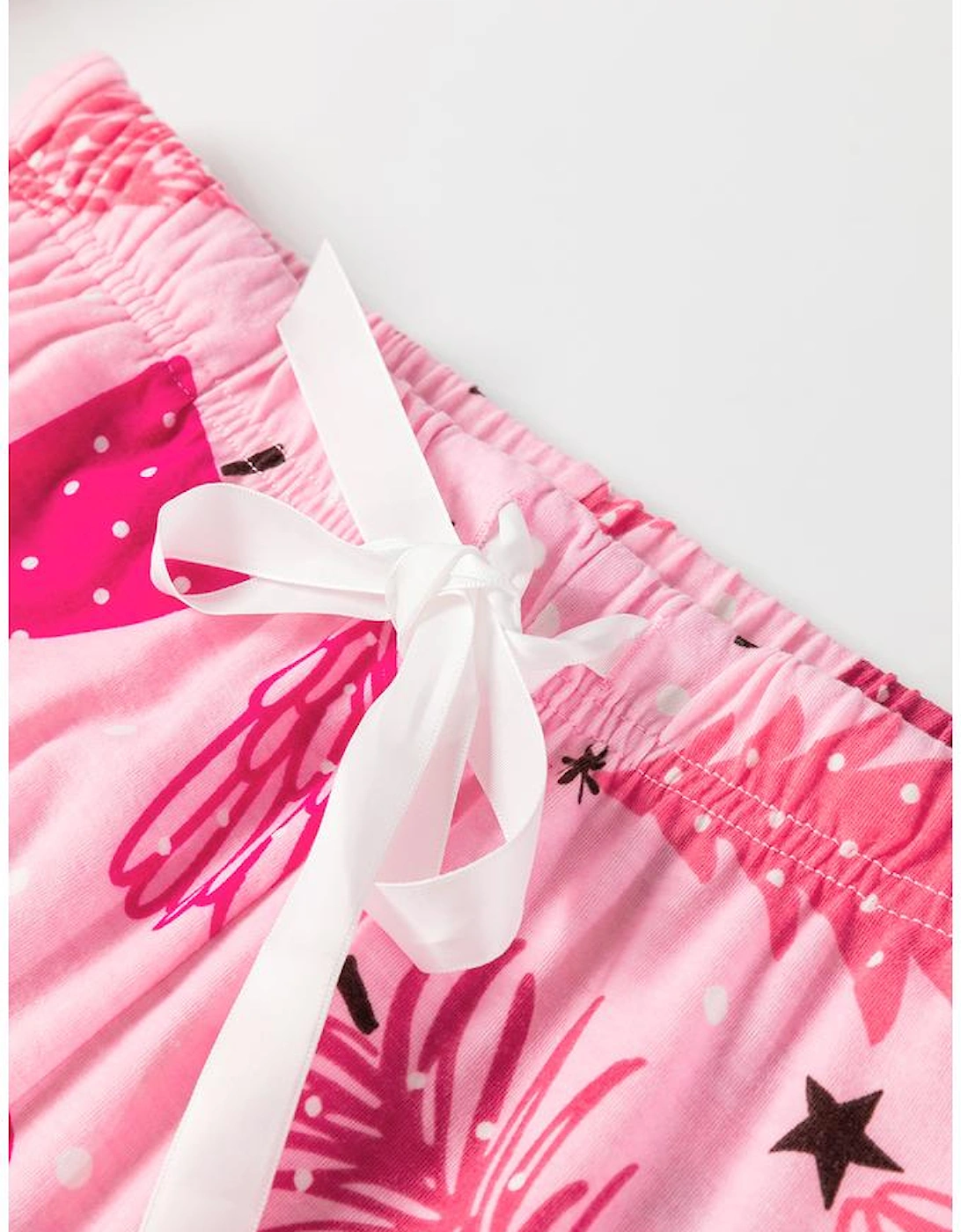 Pink Christmas Tree Print V Neck Buttoned Pullover and Drawstring Pants Lounge Set