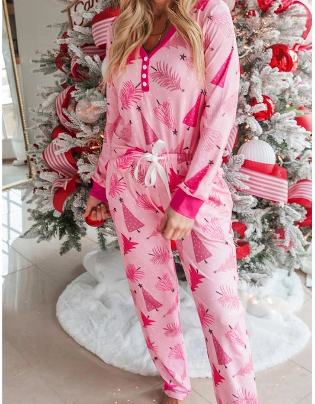 Pink Christmas Tree Print V Neck Buttoned Pullover and Drawstring Pants Lounge Set