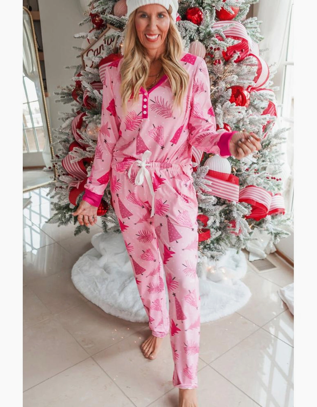 Pink Christmas Tree Print V Neck Buttoned Pullover and Drawstring Pants Lounge Set