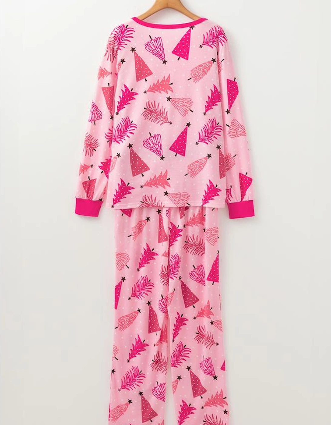 Pink Christmas Tree Print V Neck Buttoned Pullover and Drawstring Pants Lounge Set