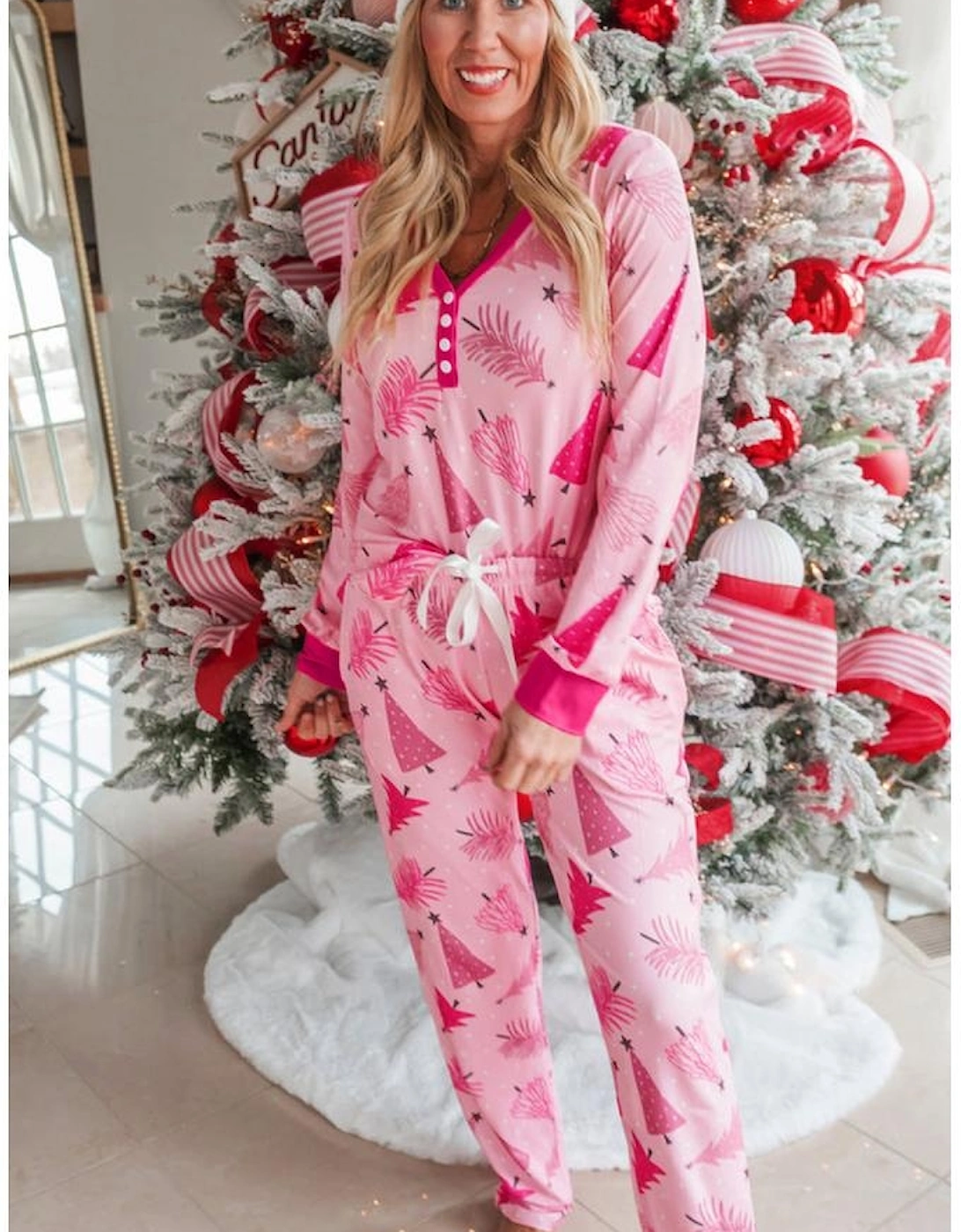 Pink Christmas Tree Print V Neck Buttoned Pullover and Drawstring Pants Lounge Set, 13 of 12