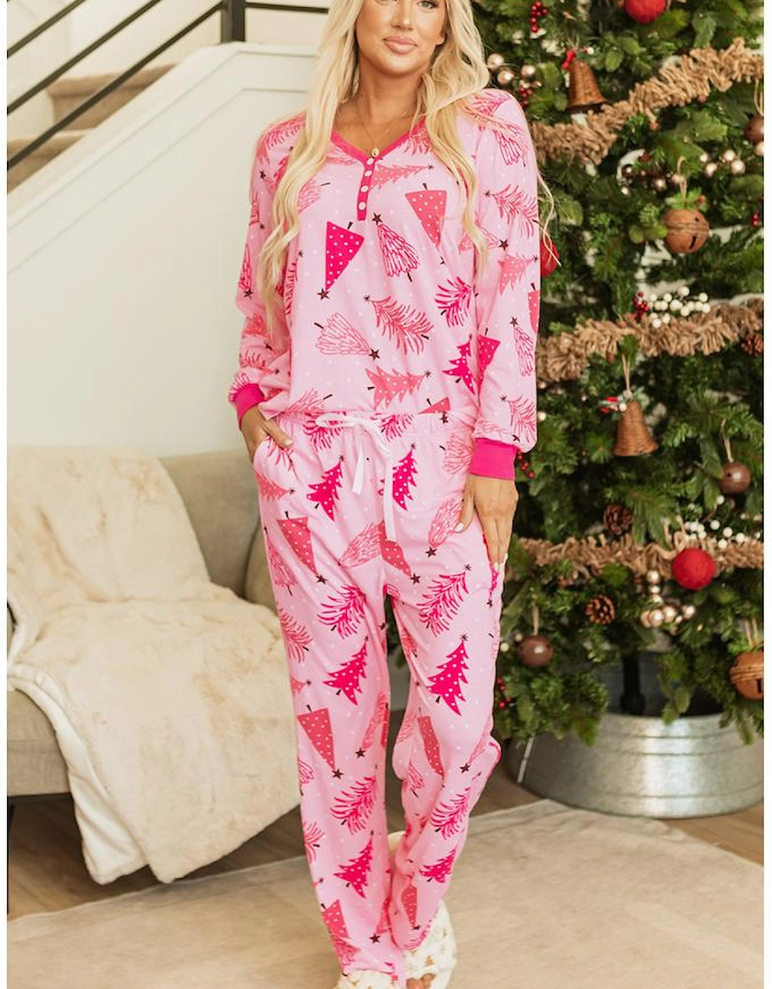 Pink Christmas Tree Print V Neck Buttoned Pullover and Drawstring Pants Lounge Set
