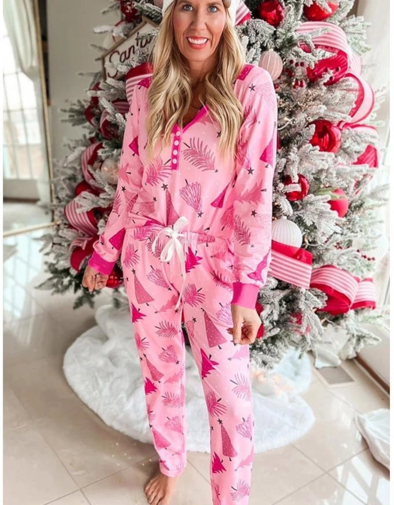 Pink Christmas Tree Print V Neck Buttoned Pullover and Drawstring Pants Lounge Set