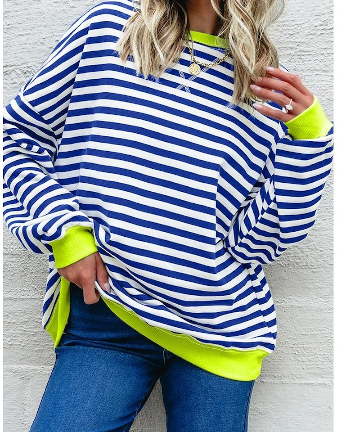 Sky Blue Stripe Striped Contrast Ribbed Trim Crossed Stitch Drop Shoulder Sweatshirt