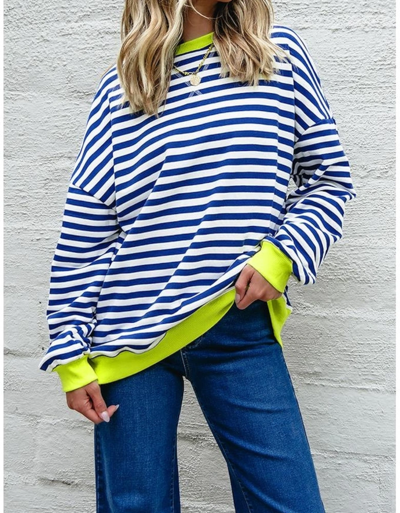 Sky Blue Stripe Striped Contrast Ribbed Trim Crossed Stitch Drop Shoulder Sweatshirt