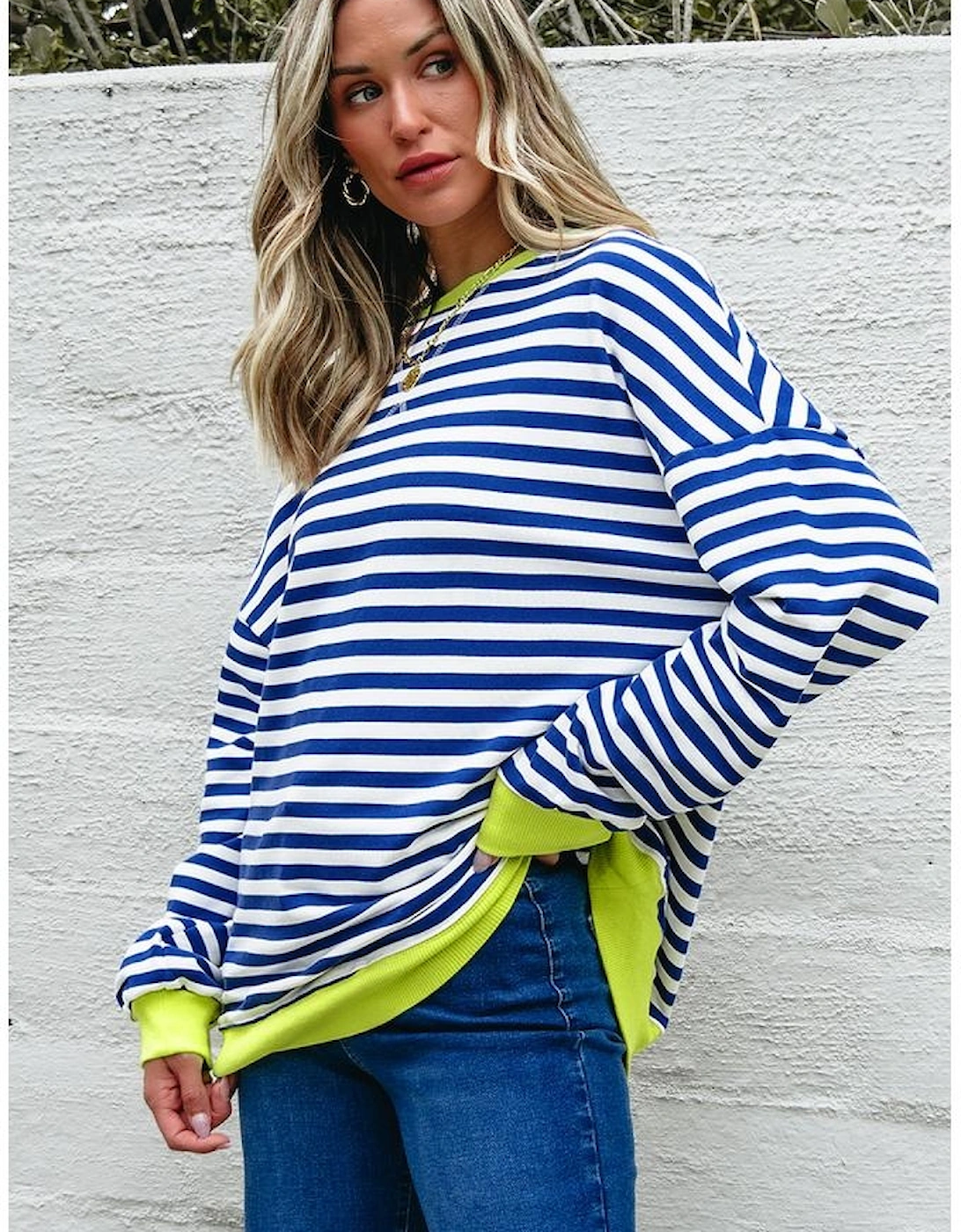 Sky Blue Stripe Striped Contrast Ribbed Trim Crossed Stitch Drop Shoulder Sweatshirt
