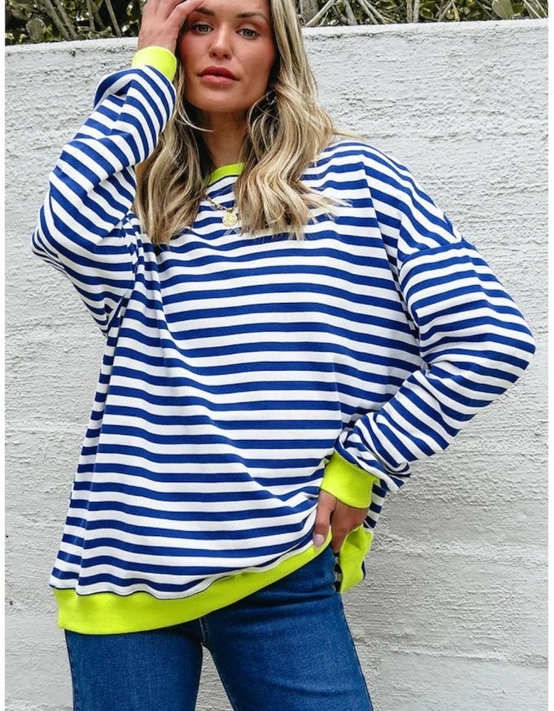 Sky Blue Stripe Striped Contrast Ribbed Trim Crossed Stitch Drop Shoulder Sweatshirt