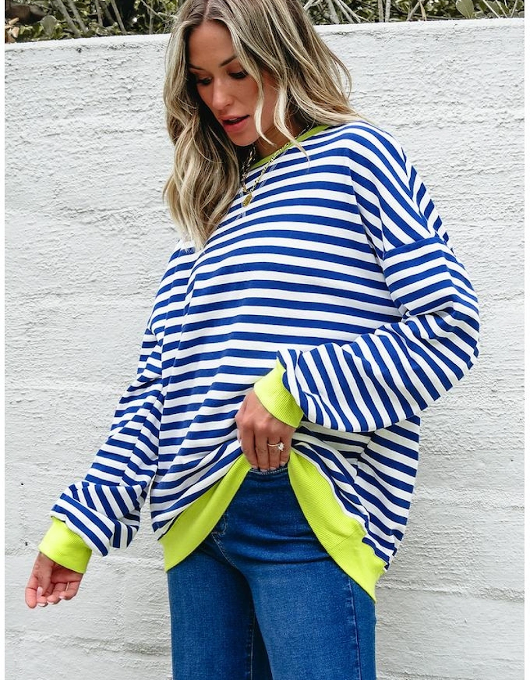 Sky Blue Stripe Striped Contrast Ribbed Trim Crossed Stitch Drop Shoulder Sweatshirt