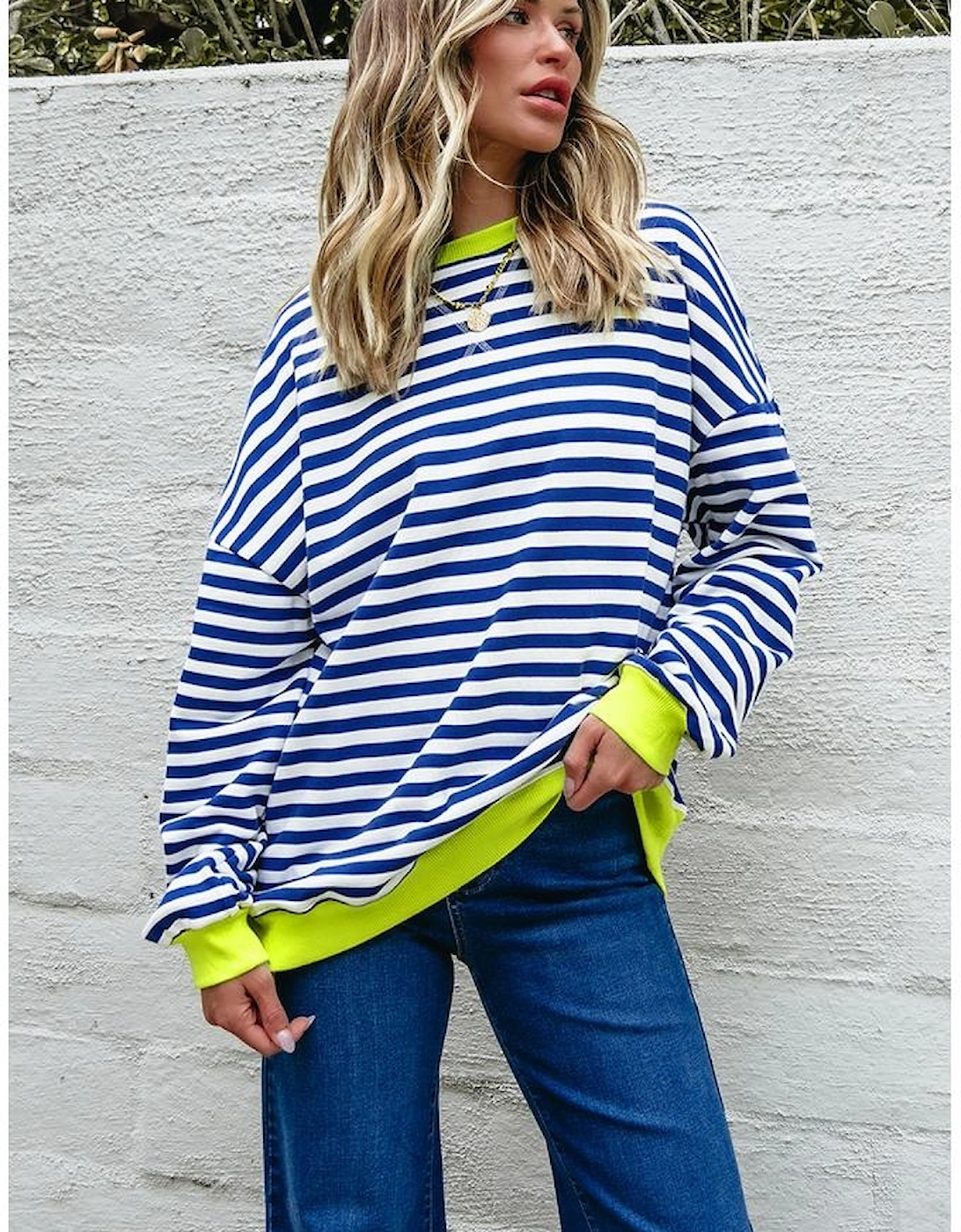 Sky Blue Stripe Striped Contrast Ribbed Trim Crossed Stitch Drop Shoulder Sweatshirt