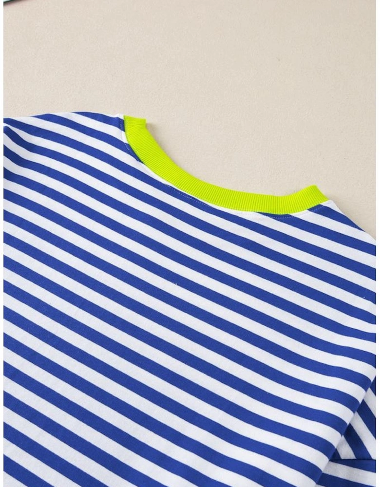 Sky Blue Stripe Striped Contrast Ribbed Trim Crossed Stitch Drop Shoulder Sweatshirt