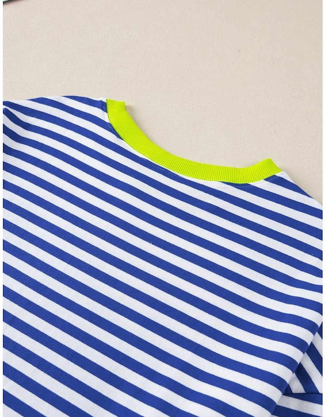 Sky Blue Stripe Striped Contrast Ribbed Trim Crossed Stitch Drop Shoulder Sweatshirt