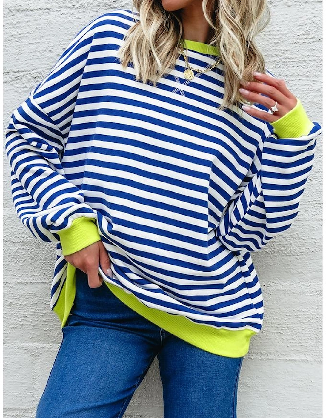 Sky Blue Stripe Striped Contrast Ribbed Trim Crossed Stitch Drop Shoulder Sweatshirt