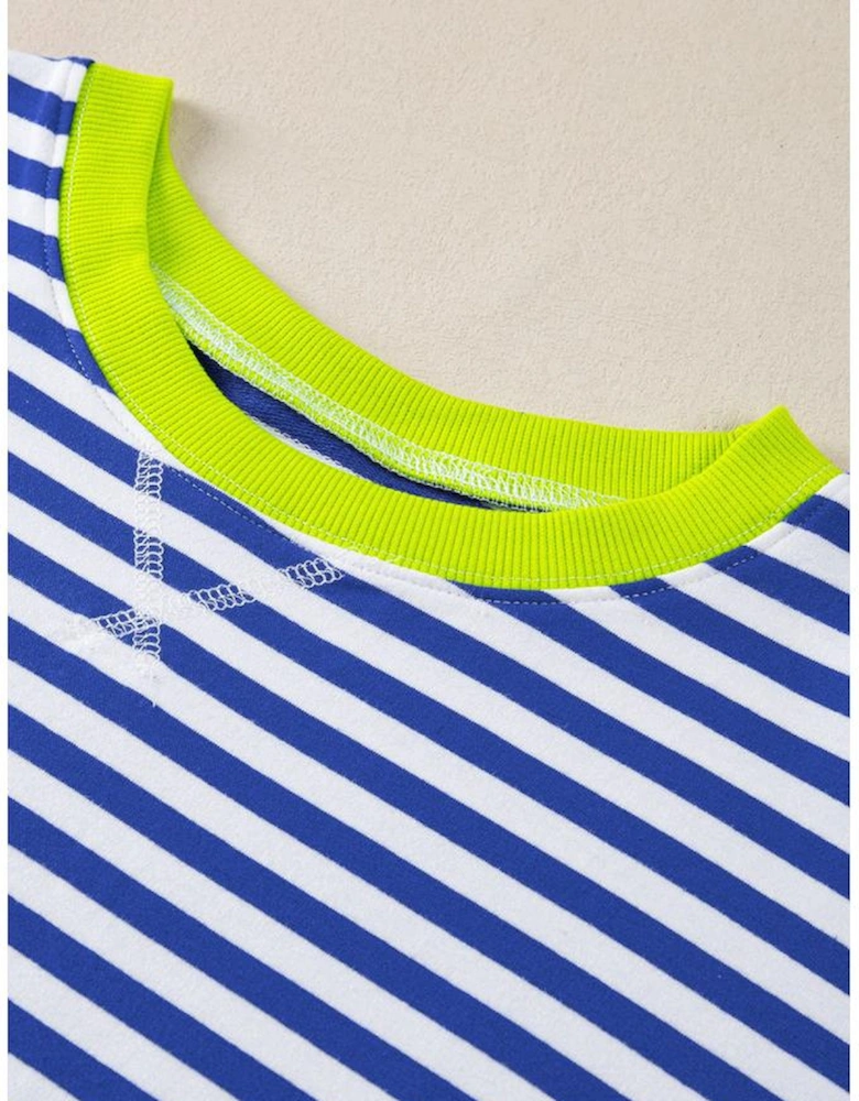 Sky Blue Stripe Striped Contrast Ribbed Trim Crossed Stitch Drop Shoulder Sweatshirt