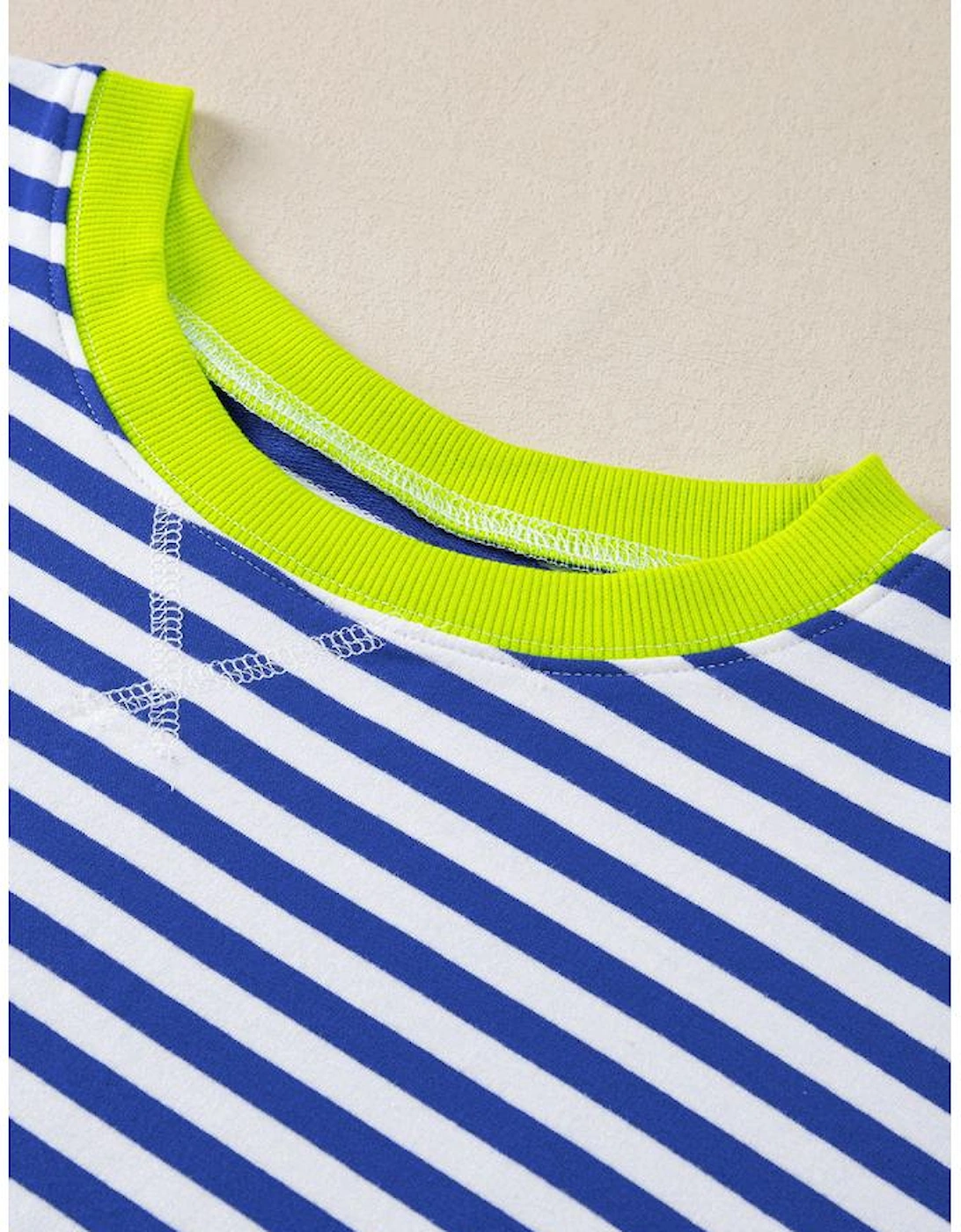 Sky Blue Stripe Striped Contrast Ribbed Trim Crossed Stitch Drop Shoulder Sweatshirt