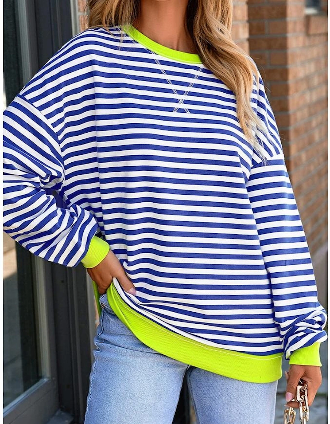 Sky Blue Stripe Striped Contrast Ribbed Trim Crossed Stitch Drop Shoulder Sweatshirt