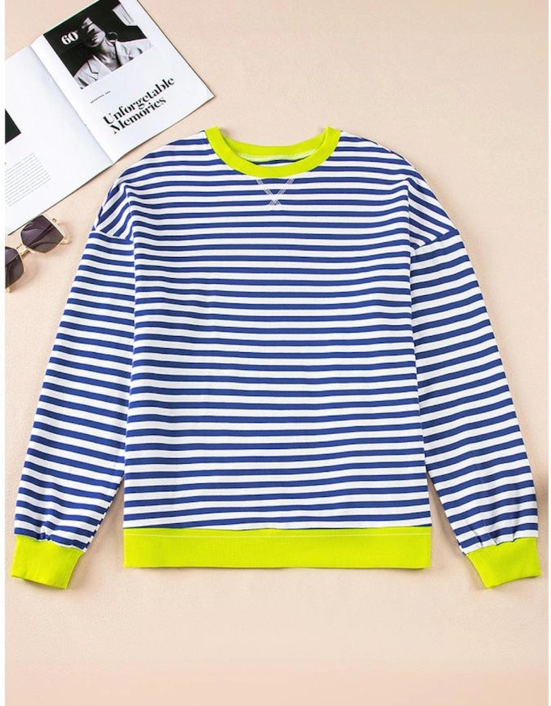 Sky Blue Stripe Striped Contrast Ribbed Trim Crossed Stitch Drop Shoulder Sweatshirt