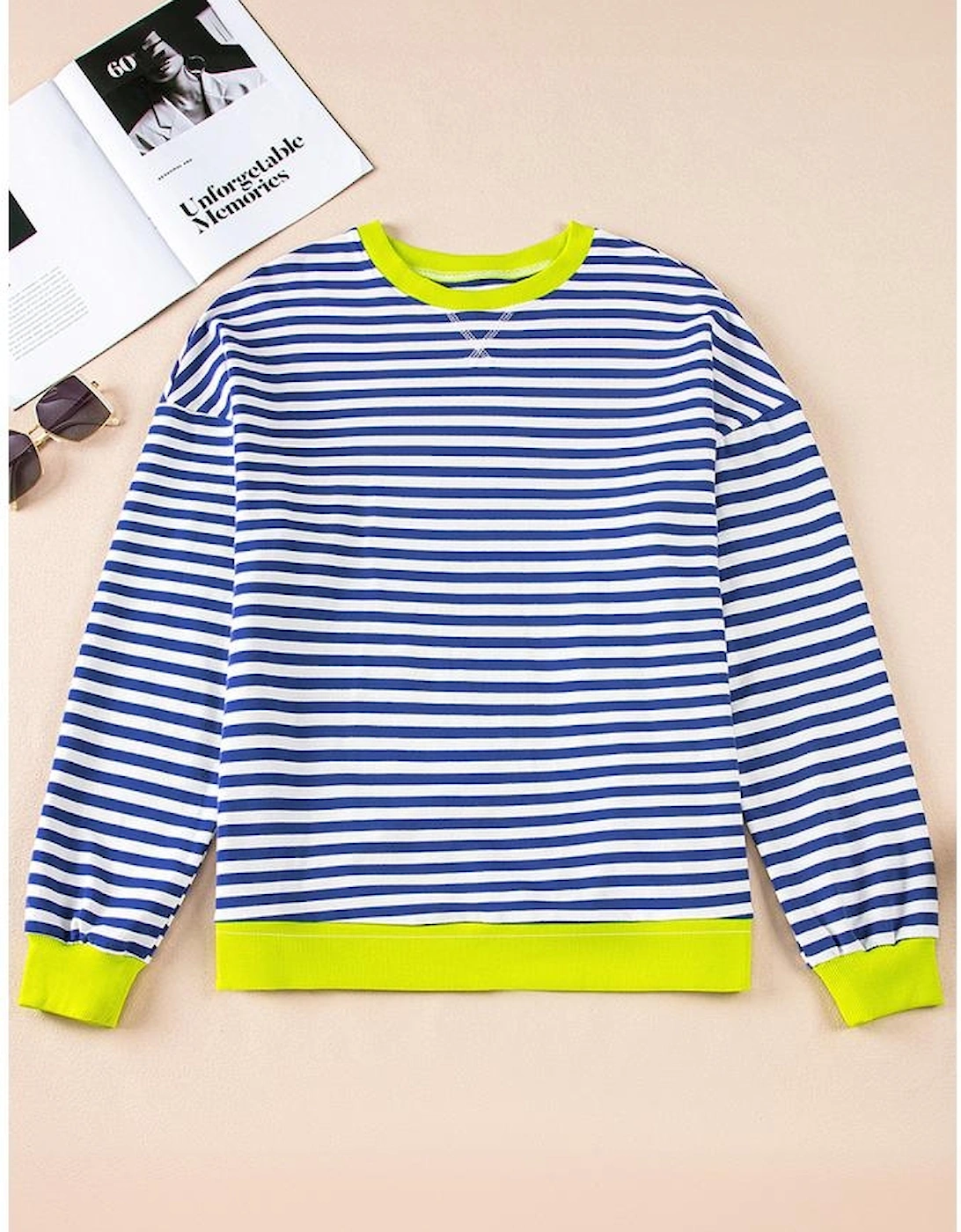 Sky Blue Stripe Striped Contrast Ribbed Trim Crossed Stitch Drop Shoulder Sweatshirt