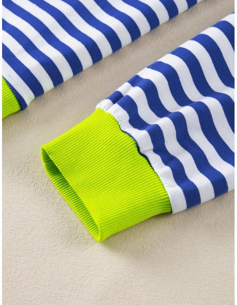 Sky Blue Stripe Striped Contrast Ribbed Trim Crossed Stitch Drop Shoulder Sweatshirt