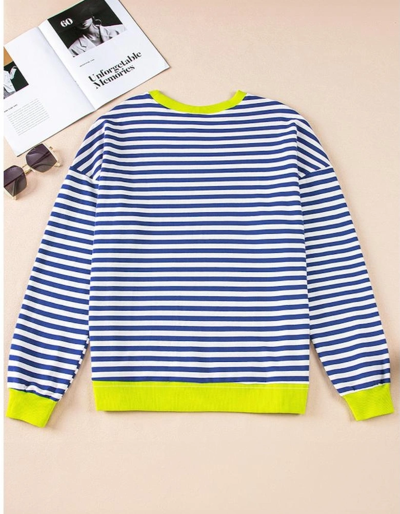Sky Blue Stripe Striped Contrast Ribbed Trim Crossed Stitch Drop Shoulder Sweatshirt