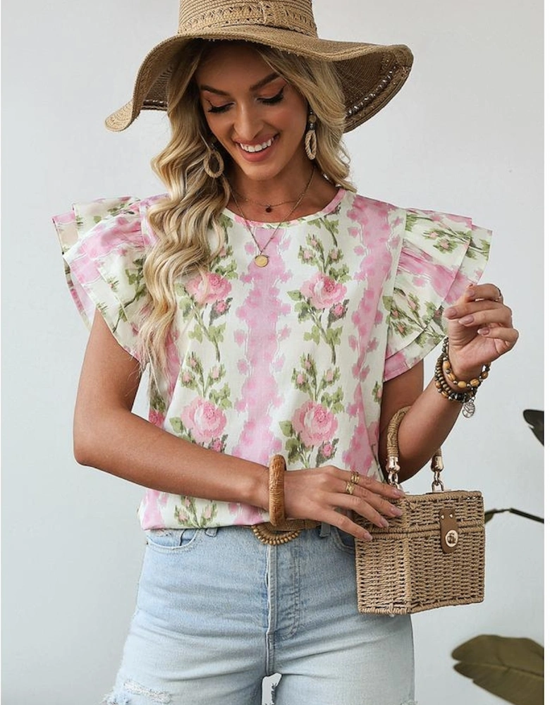 Pink Floral Print Ruffled Sleeve Summer Top