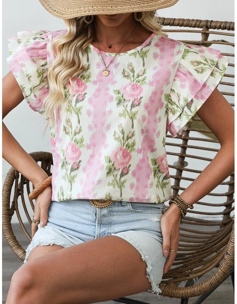 Pink Floral Print Ruffled Sleeve Summer Top