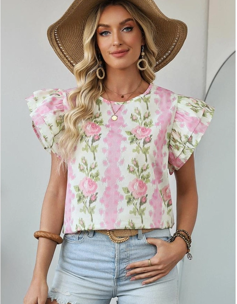 Pink Floral Print Ruffled Sleeve Summer Top