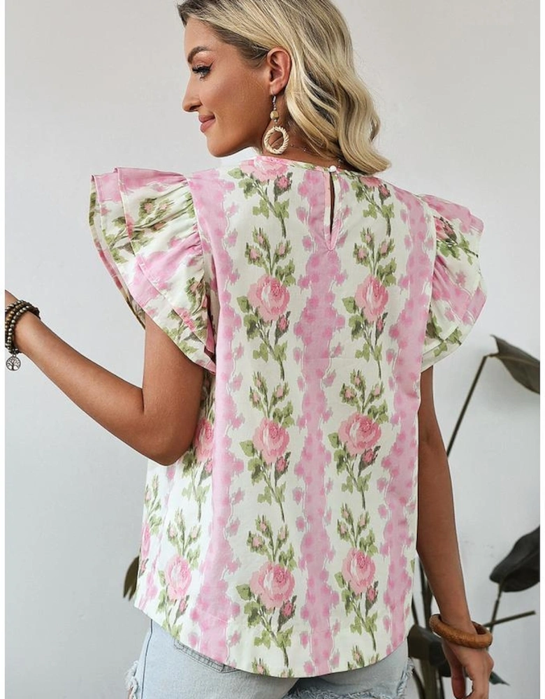 Pink Floral Print Ruffled Sleeve Summer Top