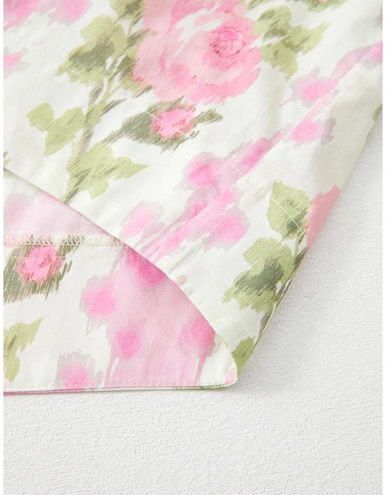 Pink Floral Print Ruffled Sleeve Summer Top