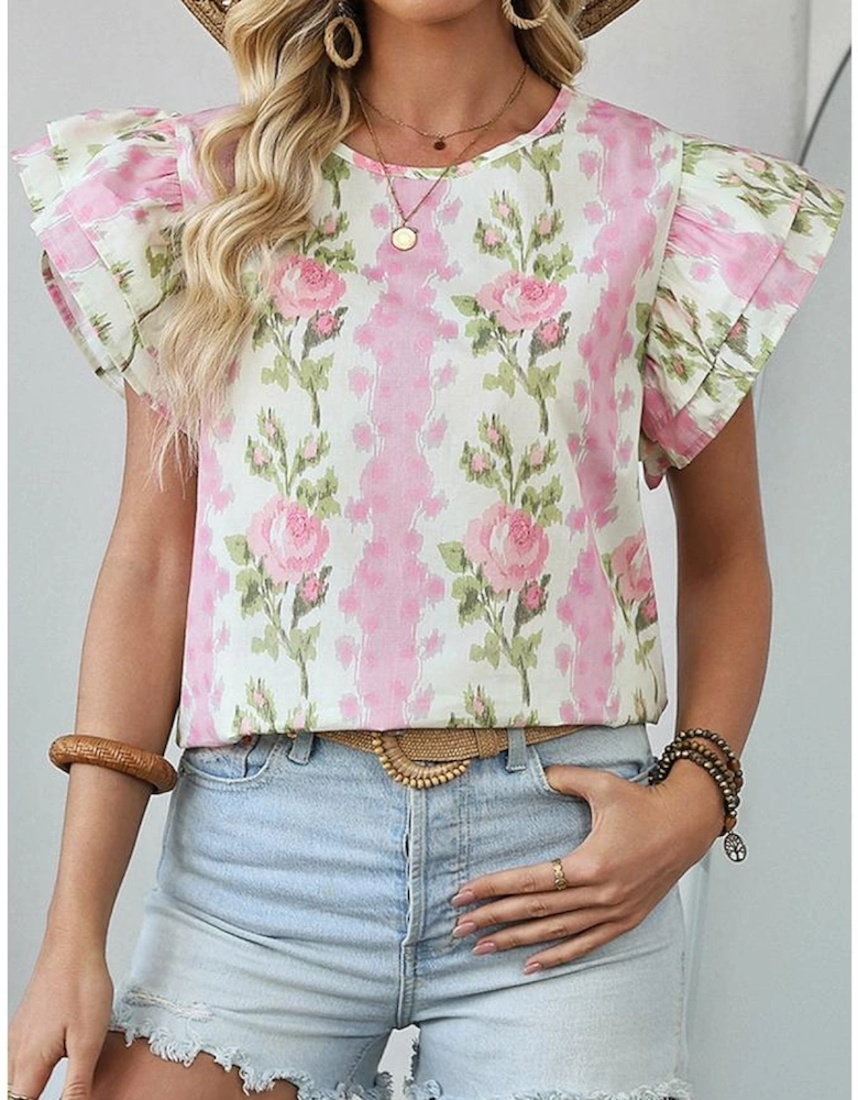 Pink Floral Print Ruffled Sleeve Summer Top