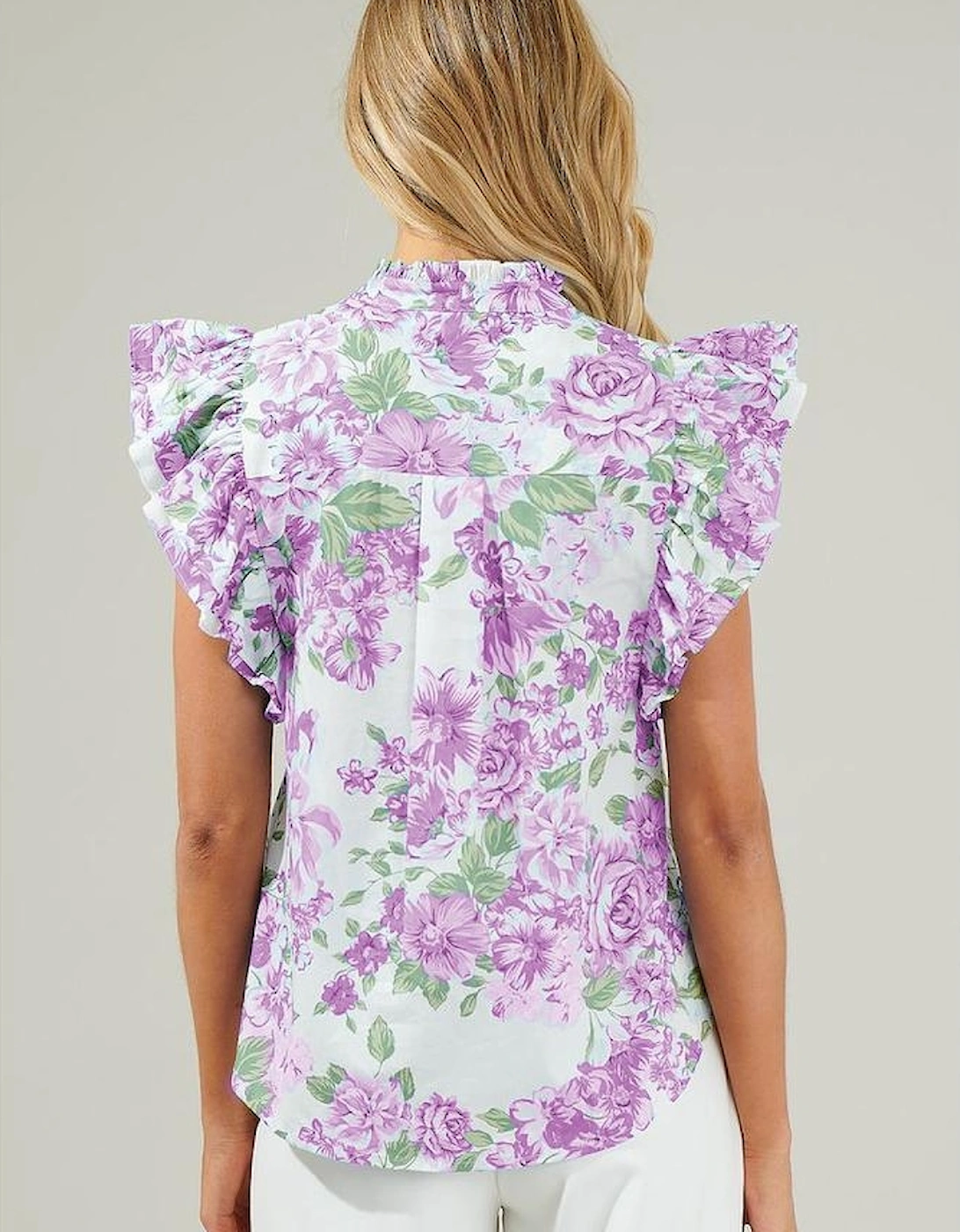 Purple Floral Print Ruffle Sleeve Frilly Button Up Shirt, 9 of 8