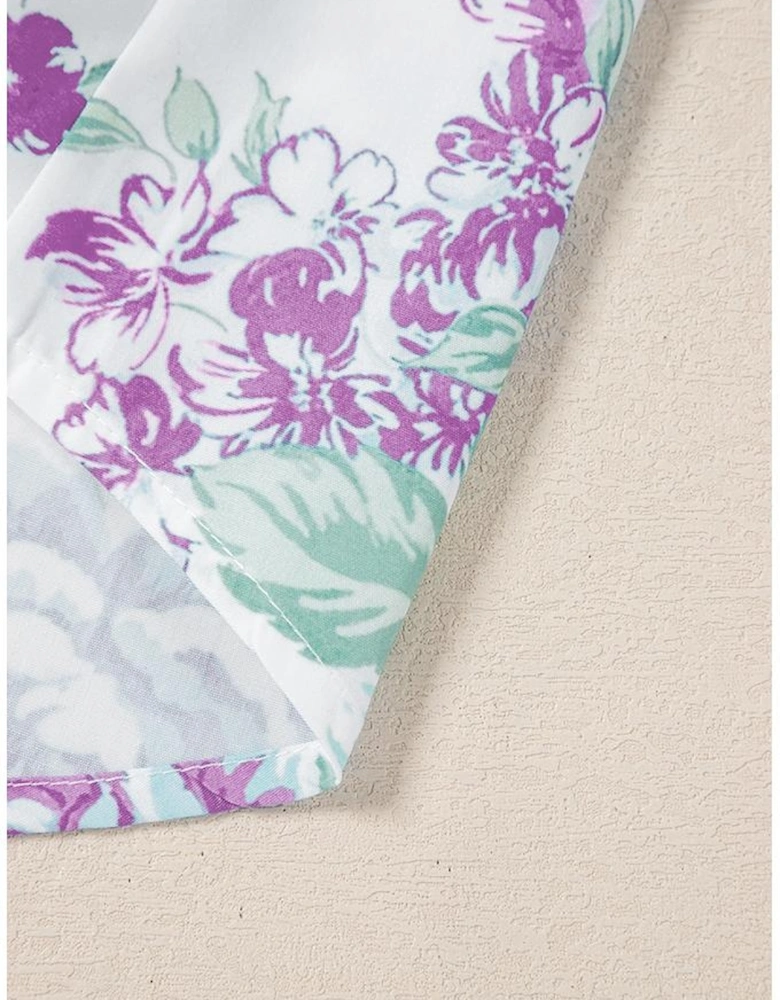 Purple Floral Print Ruffle Sleeve Frilly Button Up Shirt
