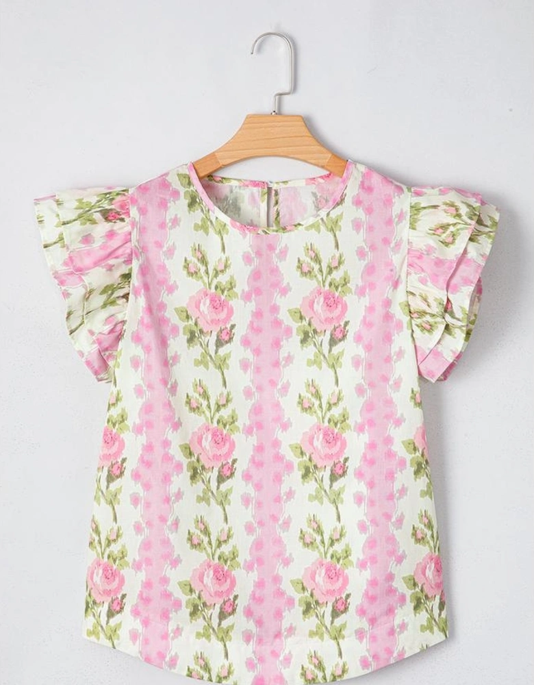 Pink Floral Print Ruffled Sleeve Summer Top