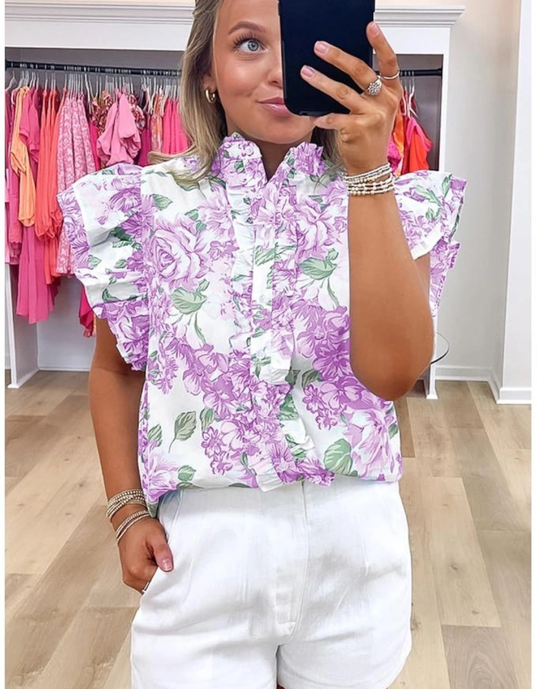 Purple Floral Print Ruffle Sleeve Frilly Button Up Shirt