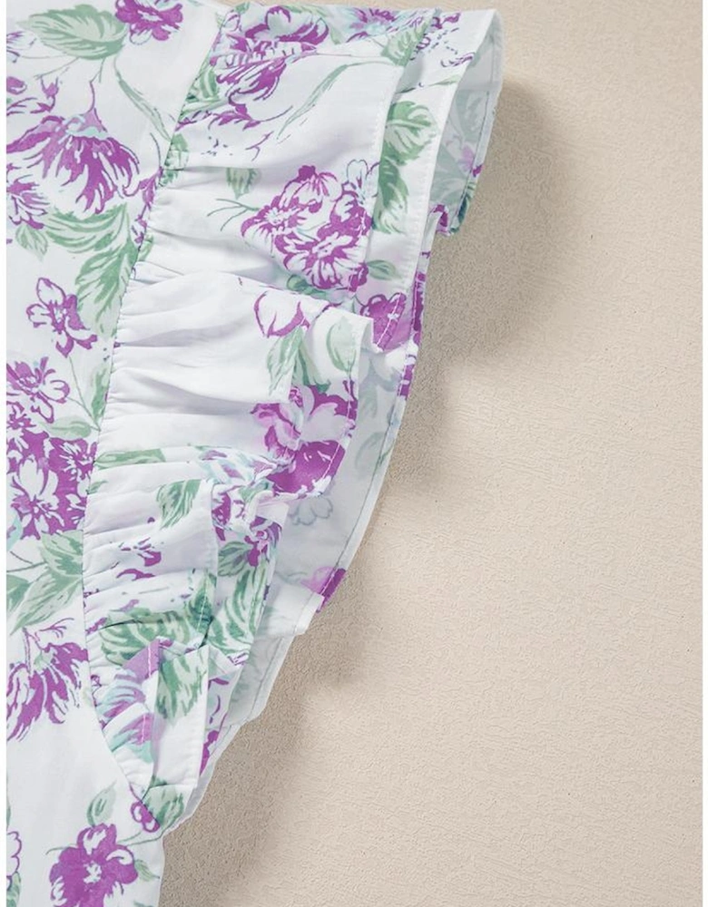 Purple Floral Print Ruffle Sleeve Frilly Button Up Shirt