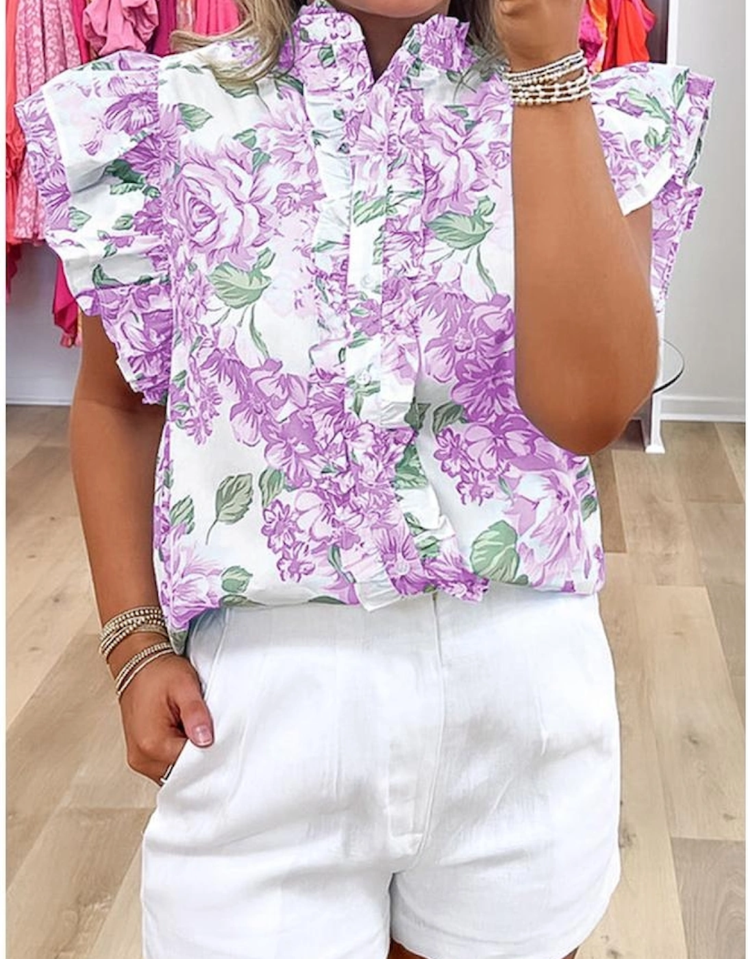 Purple Floral Print Ruffle Sleeve Frilly Button Up Shirt