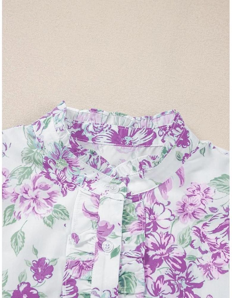 Purple Floral Print Ruffle Sleeve Frilly Button Up Shirt