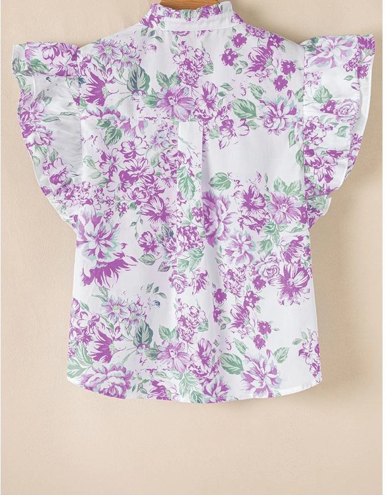 Purple Floral Print Ruffle Sleeve Frilly Button Up Shirt